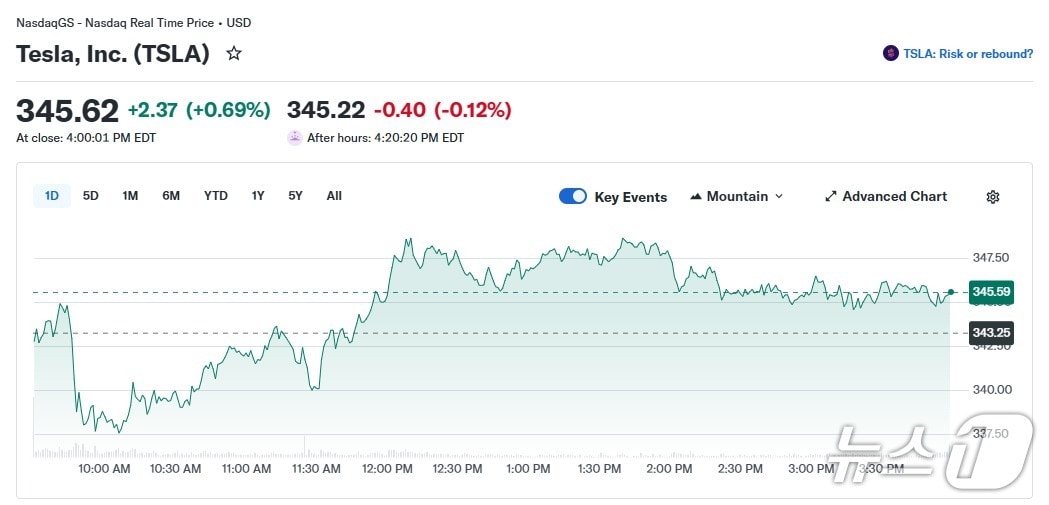 테슬라 일일 주가 추이 - 야후 파이낸스 갈무리