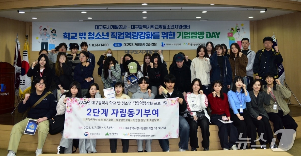 대구도시개발공사 기업탐방에 참가한 학교 밖 청소년들이 파이팅을 외치고 있다.(대구도시개발공사 제공, 재판매 및 DB 금지)