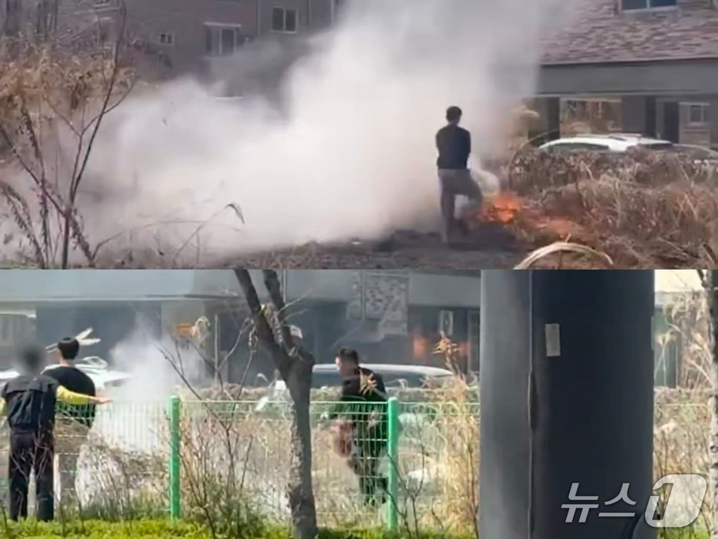 2일 낮 12시 13분께 전북 전주시 완산구 효자동의 한 공터에서 불이나 인근을 지나던 경찰관 3명이 불을 끄고 있다.(전북경찰청 제공. 재판매 및 DB금지)