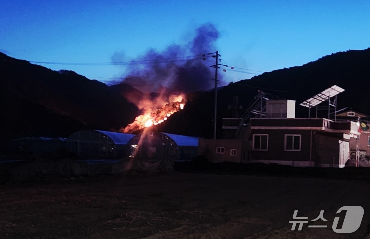 14일 오후 7시 30분쯤 경북 상주시 화서면 사산리 정재수 기념관 인근 야산에서 불이나 산림과 소방 당국이 진화에 나섰다.(경북소방본주 제공. 재판매 및 DB 금지)2026.4.14/뉴스1