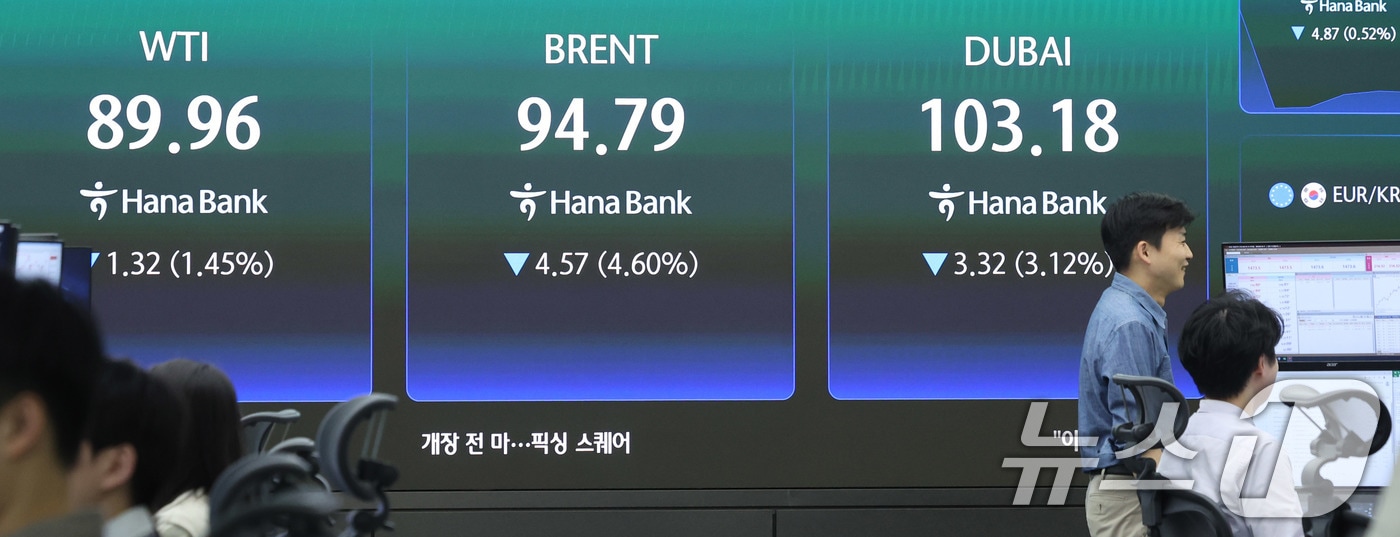 15일 서울 중구 하나은행 딜링룸 현황판에 국제유가가 표시되고 있다. 2026.4.15 ⓒ 뉴스1 박지혜 기자