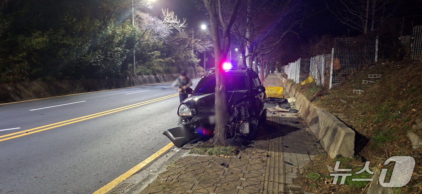 지난 7일 금정구 체육공원로에서 발생한 사고 현장을 출동한 경찰이 살펴보고 있다.(부산경찰청 제공. 재판매 및 DB 금지)