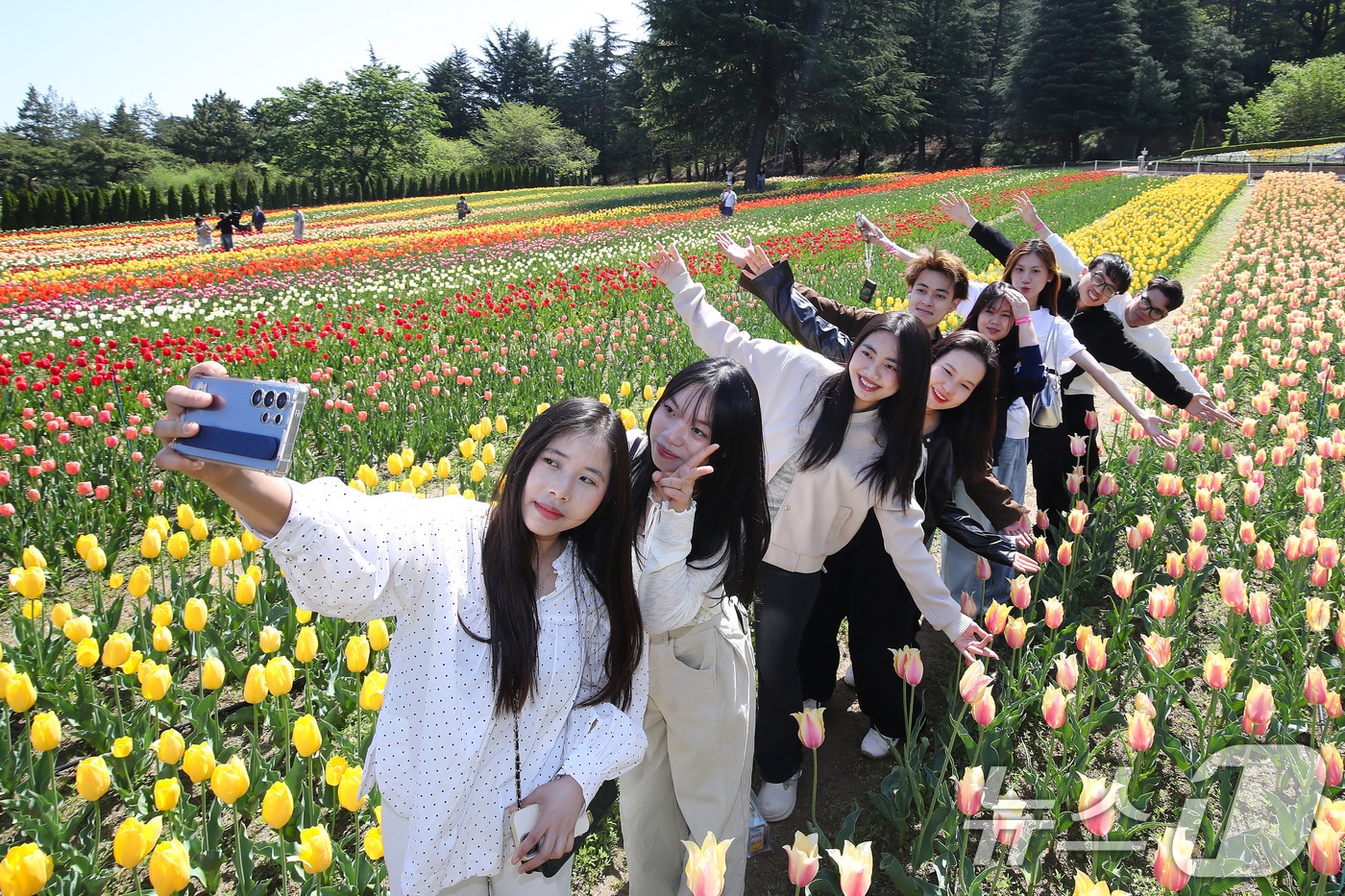초여름 날씨를 보인 16일 대구 달서구 테마파크 이월드를 찾은 대구가톨릭대 언어교육원 한국어과정 유학생들이 곱게 핀 튤립정원에서 기념촬영을 하고 있다. 2026.4.16 ⓒ 뉴스1 공정식 기자