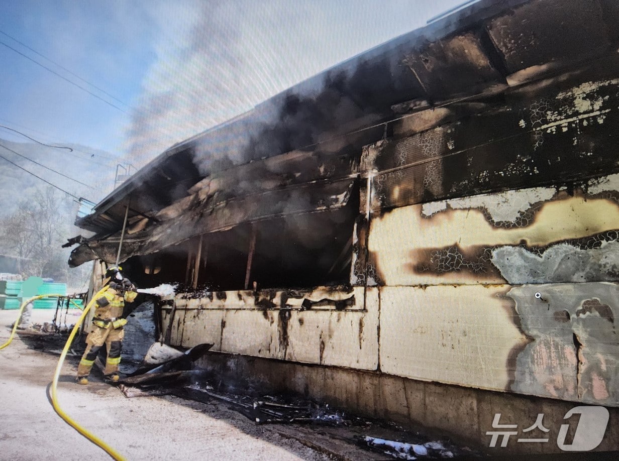16일 오전 11시 40분쯤 경북 영천시 신녕면 가천리의 돈사에서 불이나 소방대원이 진화하고 있다(경북소방본부 제공. 재판매 및 DB 금지)2026.4.16/뉴스1