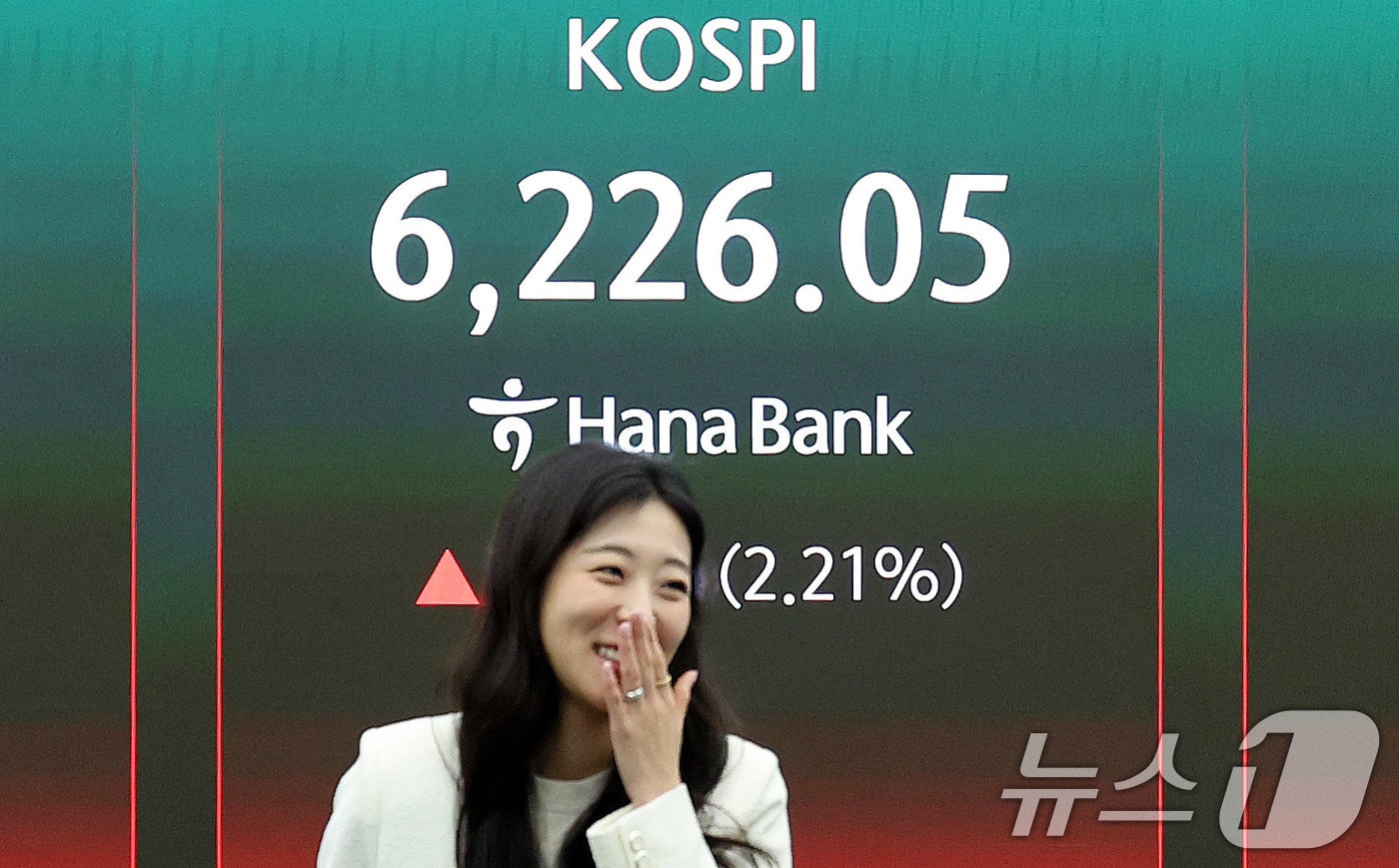 16일 서울 중구 하나은행 딜링룸 현황판에 코스피지수가 전일 종가 대비 134.66포인트(p)(2.21%) 상승한 6226.05를 나타내고 있다. 이날 코스닥은 전일 대비 10.54포인트(p)(0.91%) 상승한 1162.97로 마감했다. 2026.4.16 ⓒ 뉴스1 박지혜 기자