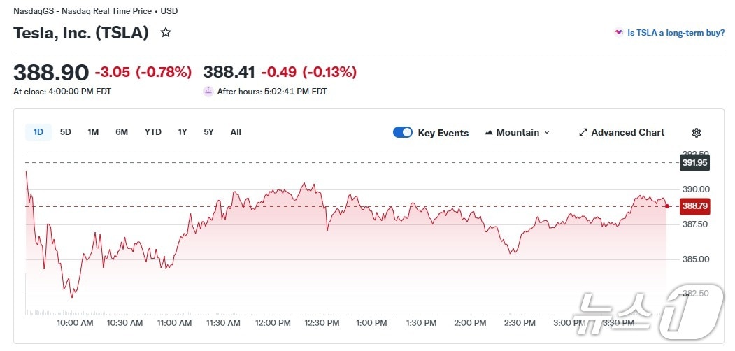 테슬라 일일 주가 추이 - 야후 파이낸스 갈무리