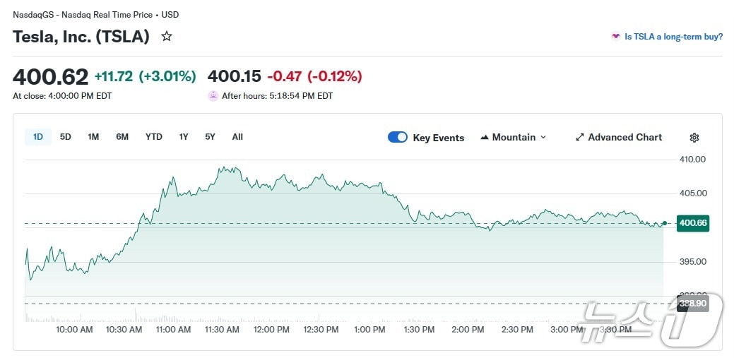 테슬라 일일 주가 추이 - 야후 파이낸스 갈무리