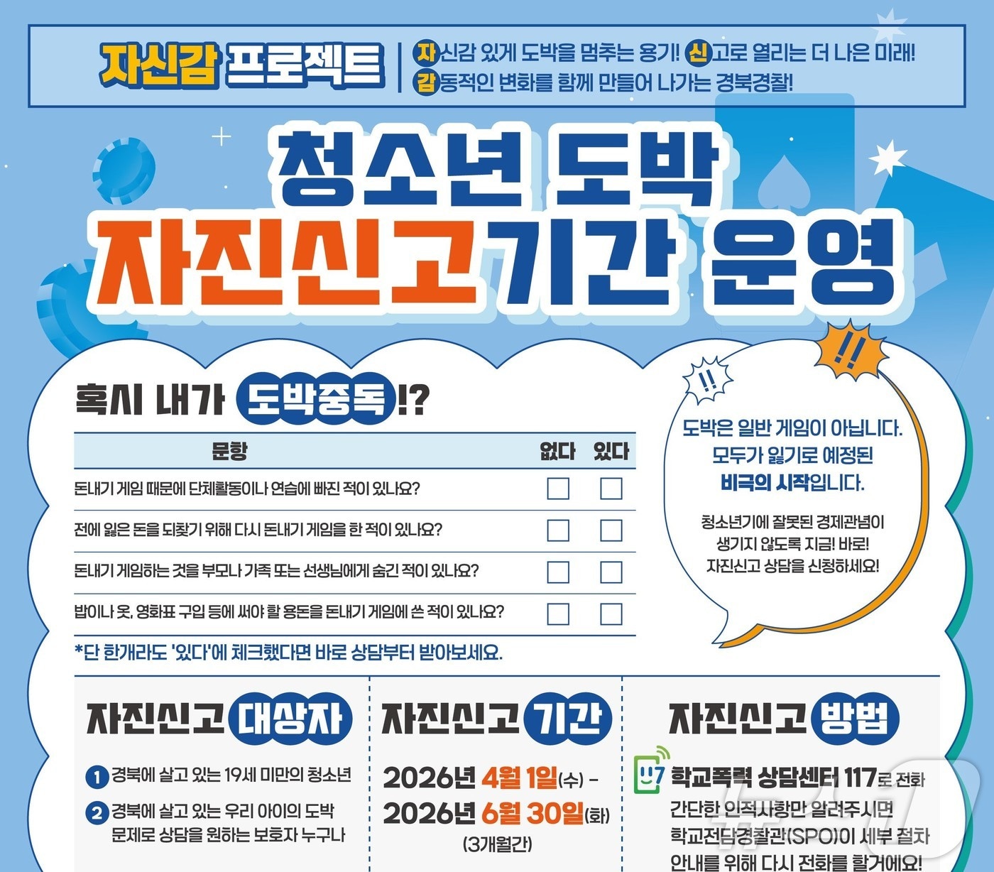 경북교육청은 2일 경북경찰청, 경북도박문제예방치유센터와 함께 오는 6월 30일까지 3개월간 ‘청소년 도박 자진신고 기간’을 운영한다. /뉴스1