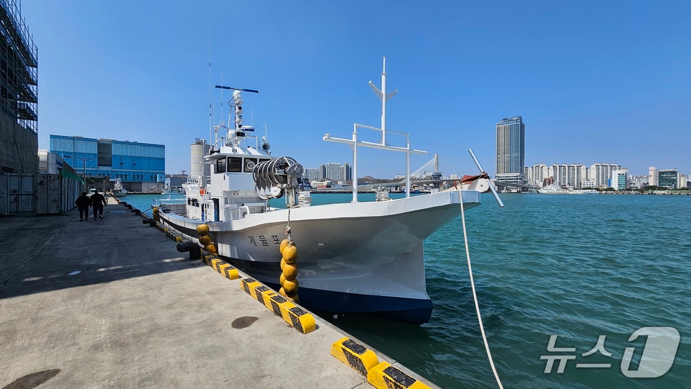 해양수산부가 2일 경북 포항시 송도수협 부두에서 국내 최초로 개발한 전기복합추진 어선 취항식을 개최했다.  송도수협 부두에 정박돼 있는 전기복합추진 어선. 2026.4.2/뉴스1 최창호 기자  
