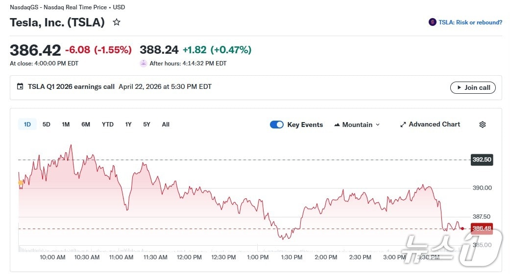 테슬라 일일 주가 추이 - 야후 파이낸스 갈무리