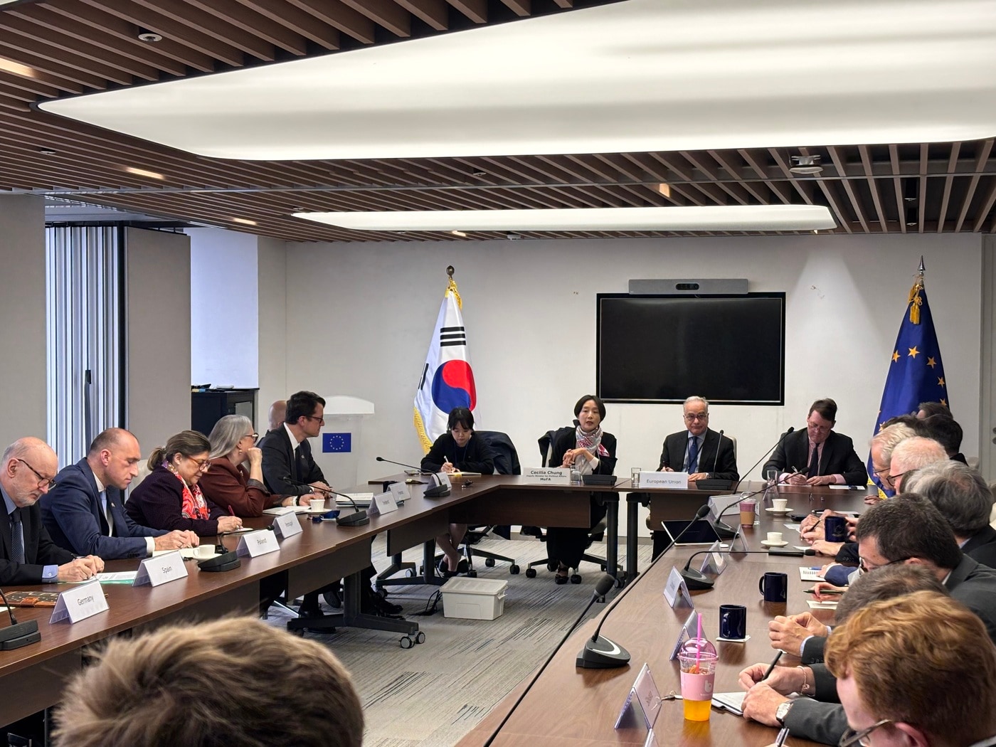 외교부는 22일 주한 유럽연합(EU) 대사단 간담회에 정의혜 차관보가 참석해 우리 정부의 외교정책을 설명했다고 밝혔다. (외교부 제공)