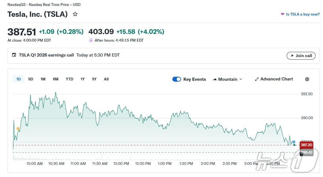 테슬라 일일 주가 추이 - 야후 파이낸스 갈무리