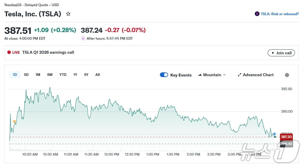테슬라 일일 주가 추이 - 야후 파이낸스 갈무리