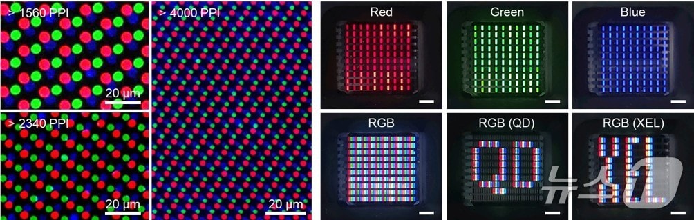 형성된 RGB 퀀텀닷 패턴과 10 &times; 10 QD-LED 어레이 이미지.(UNIST 제공. 재판매 및 DB금지)/뉴스1