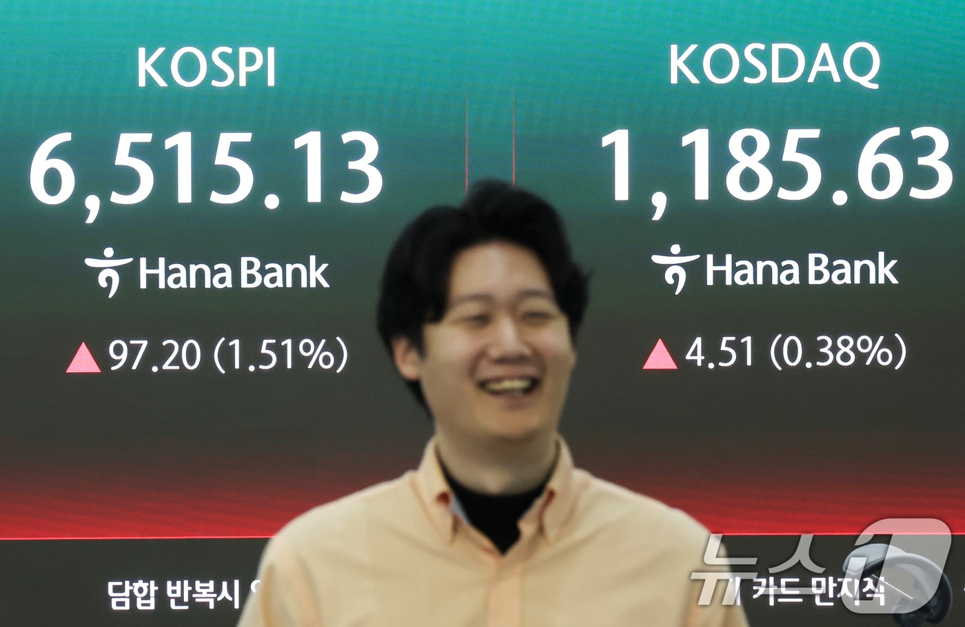 코스피가 연일 최고치를 경신하며 상승 출발한 23일 오전 서울 중구 하나은행 딜링룸 전광판에 코스피와 코스닥 지수가 표시되고 있다. 이날 코스피는 전 거래일 대비 70.90포인트(1.10%) 상승한 6488.83에, 코스닥은 7.98포인트(0.68%) 상승한 1189.1로 개장했다. 2026.4.23 ⓒ 뉴스1 임지훈 인턴기자