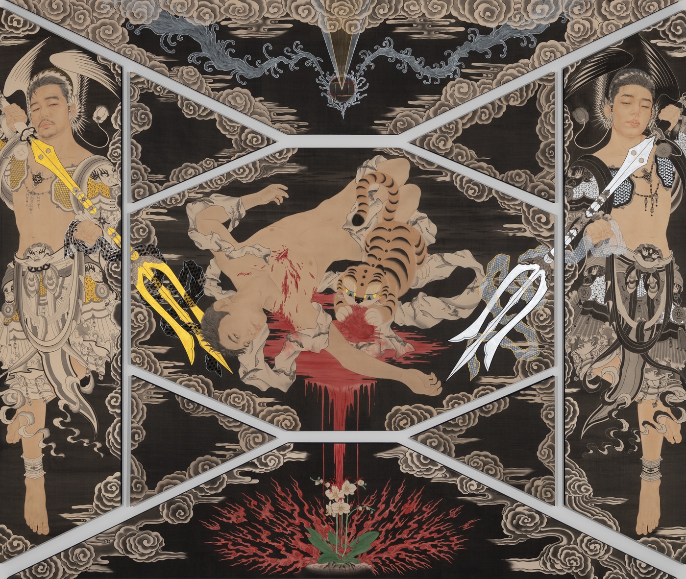 박그림은 전통 불교회화 형식을 빌려 동시대적 서사와 정체성을 탐구해온 작가다. 자기혐오와 정체성 혼란, SNS 이미지와 종교적 도상을 병치하고, 페르소나인 '호랑이'를 통해 흔들리는 자아를 투영하는 작업으로 주목받았다.