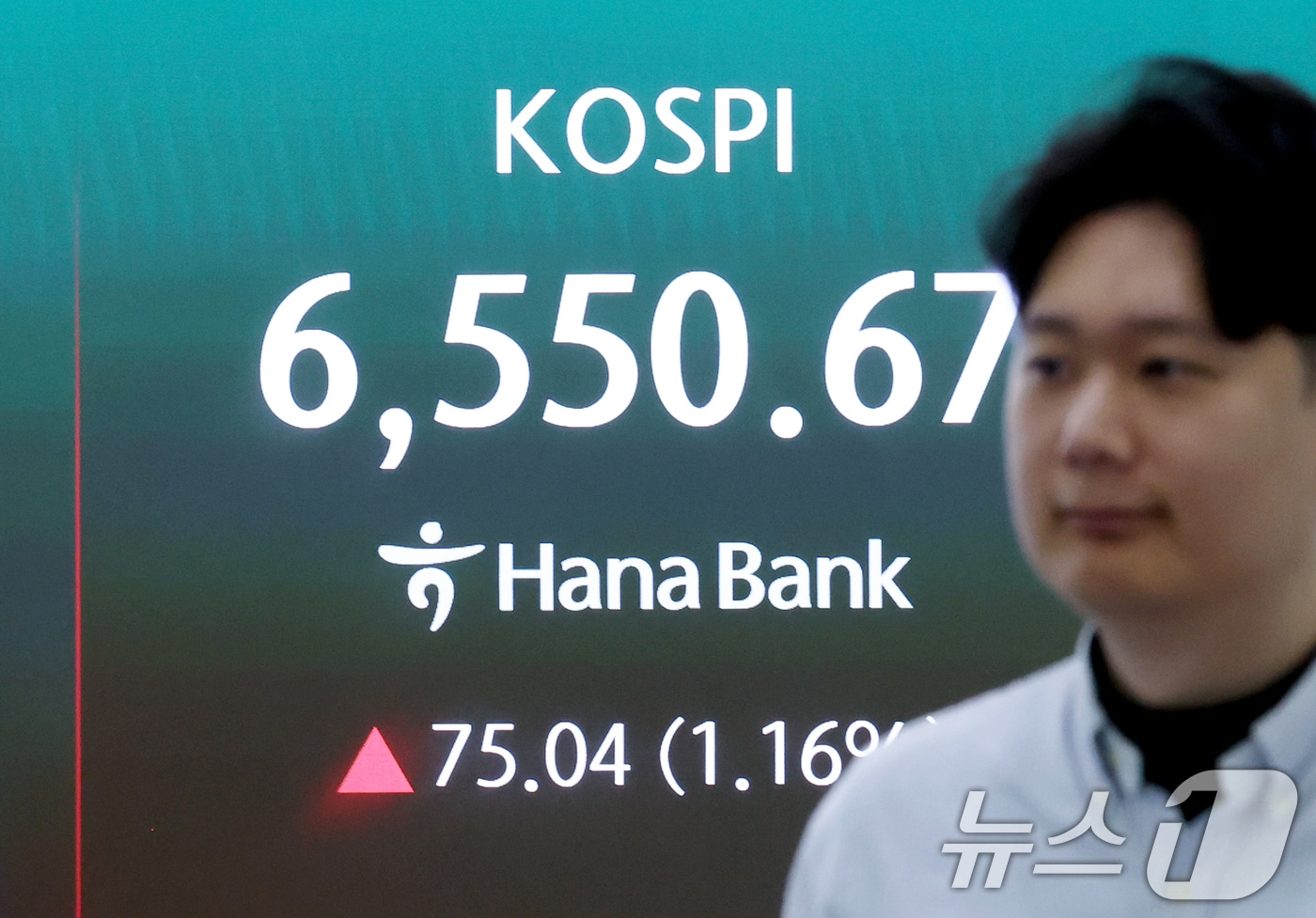 코스피 지수가 반도체 업황 호조에 힘입어 상승 흐름을 이어간 27일 오전 서울 중구 하나은행 딜링룸 전광판에 시황이 표시되고 있다.  ⓒ 뉴스1 조연우 인턴기자