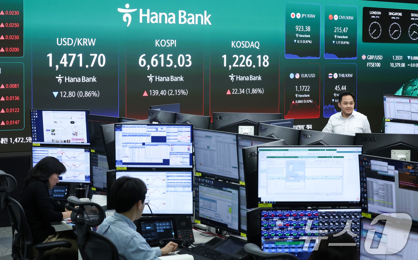 코스피가 종가 기준 사상 최고치를 경신한 27일 오후 서울 중구 하나은행 딜링룸 전광판에 코스피 종가 등이 표시되고 있다. 2026.4.27 ⓒ 뉴스1 임지훈 인턴기자