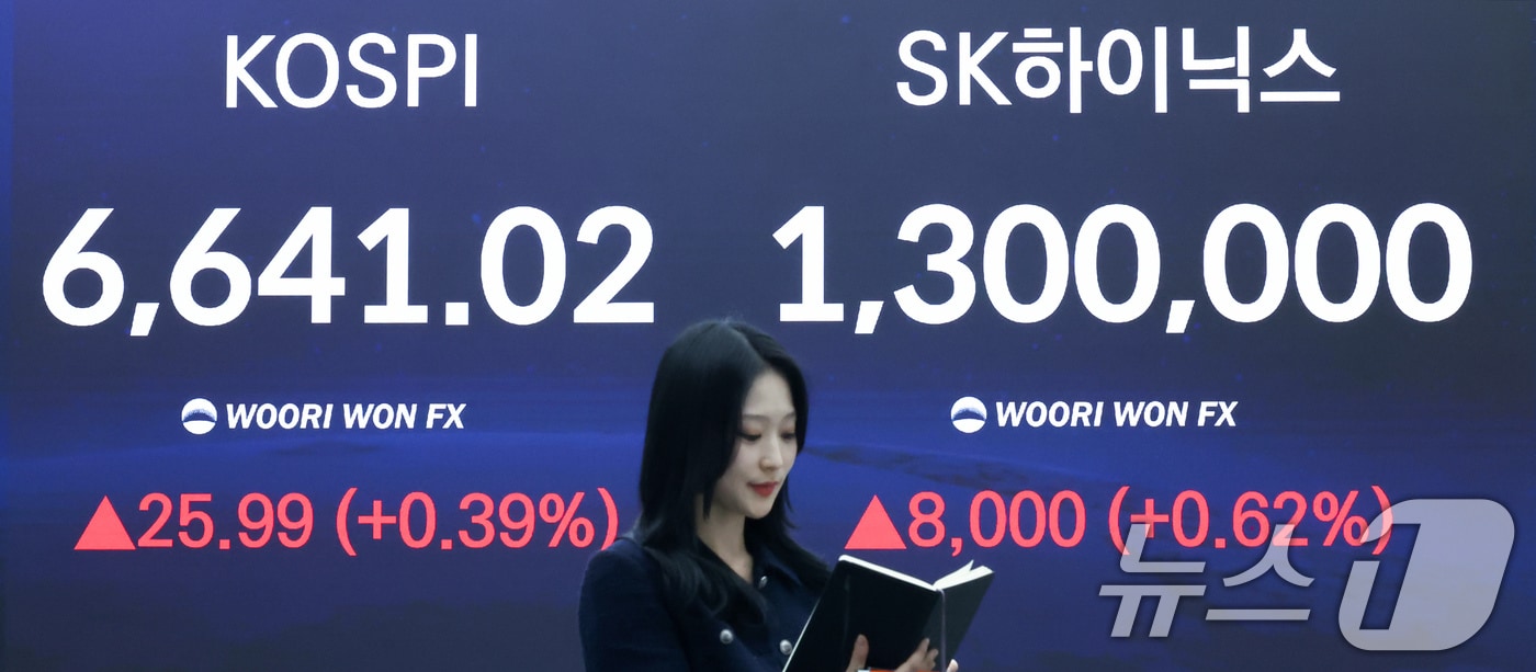 코스피 지수가 연일 사상 최고치를 경신한 전날(28일) 오후 서울 중구 우리은행 본점 딜링룸 전광판에 SK하이닉스, 코스피 종가가 표시되고 있다. 026.4.28 ⓒ 뉴스1 임지훈 인턴기자