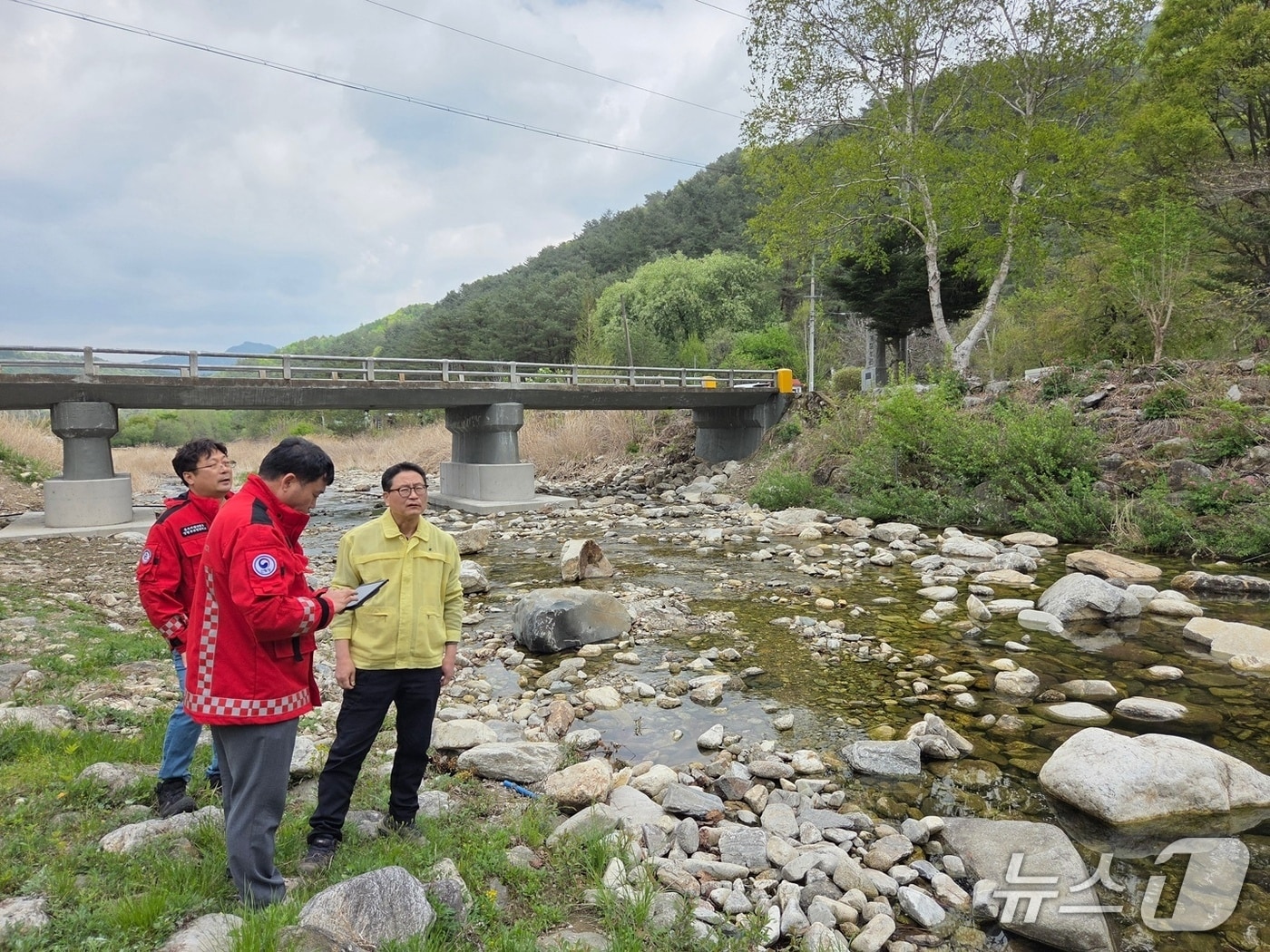 최수천 동부지방산림청장이 영월 계곡 주변에 불법시설물을 점검하고 있다.(동부산림청 제공, 재판매 및 DB 금지) 2026.4.28/뉴스1