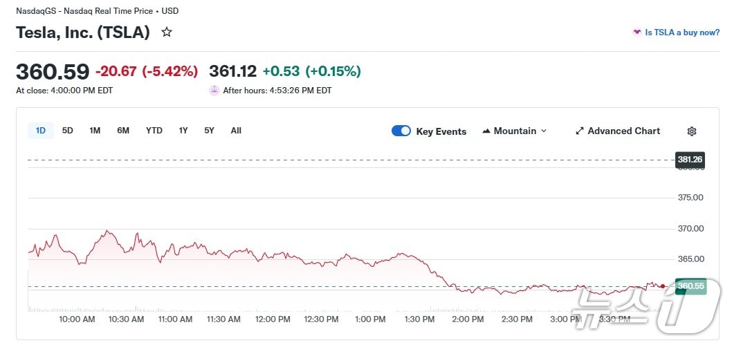 테슬라 일일 주가 추이 - 야후 파이낸스 갈무리