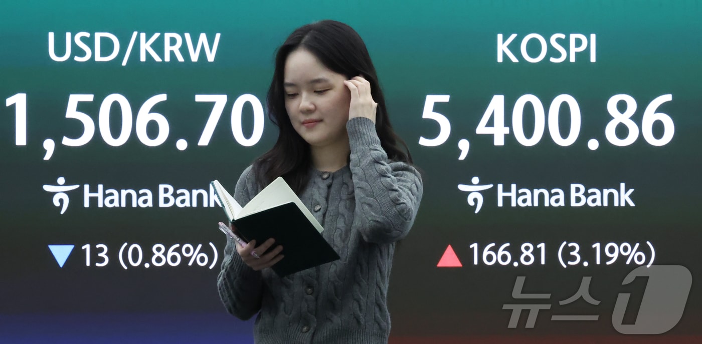 3일 오전 서울 중구 하나은행 딜링룸 전광판에 코스피와 코스닥 등 시황이 표시되고 있다. 이날 코스피는 전 거래일보다 141.45포인트(2.70%) 상승해 5375.5로 출발했다. ⓒ 뉴스1 이종수 인턴기자