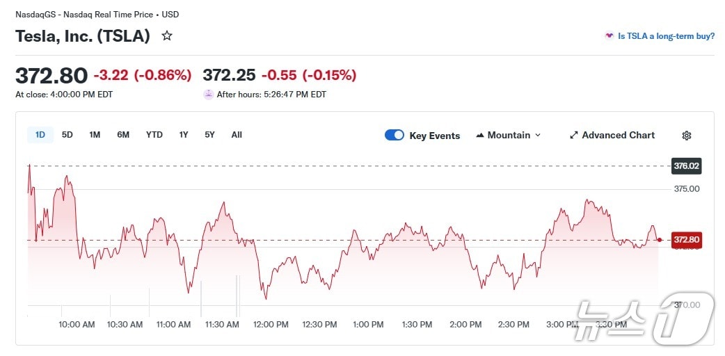 테슬라 일일 주가 추이 - 야후 파이낸스 갈무리