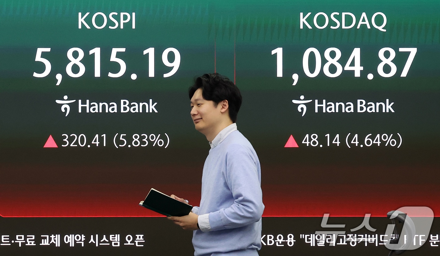 미국과 이란의 2주간 휴전에 매수 사이드카가 발동한 8일 오전 서울 중구 하나은행 본점 딜링룸에 개장 시황이 나오고 있다. 이날 코스피는 8일 오전 9시 5분 코스피는 전일 종가와 비교해 317.48포인트(5.78%) 상승한 5812.26, 코스닥은 전일 대비 40.37포인트(3.89%) 상승한 1077.10으로 개장했다. 2026.4.8 ⓒ 뉴스1 김성진 기자