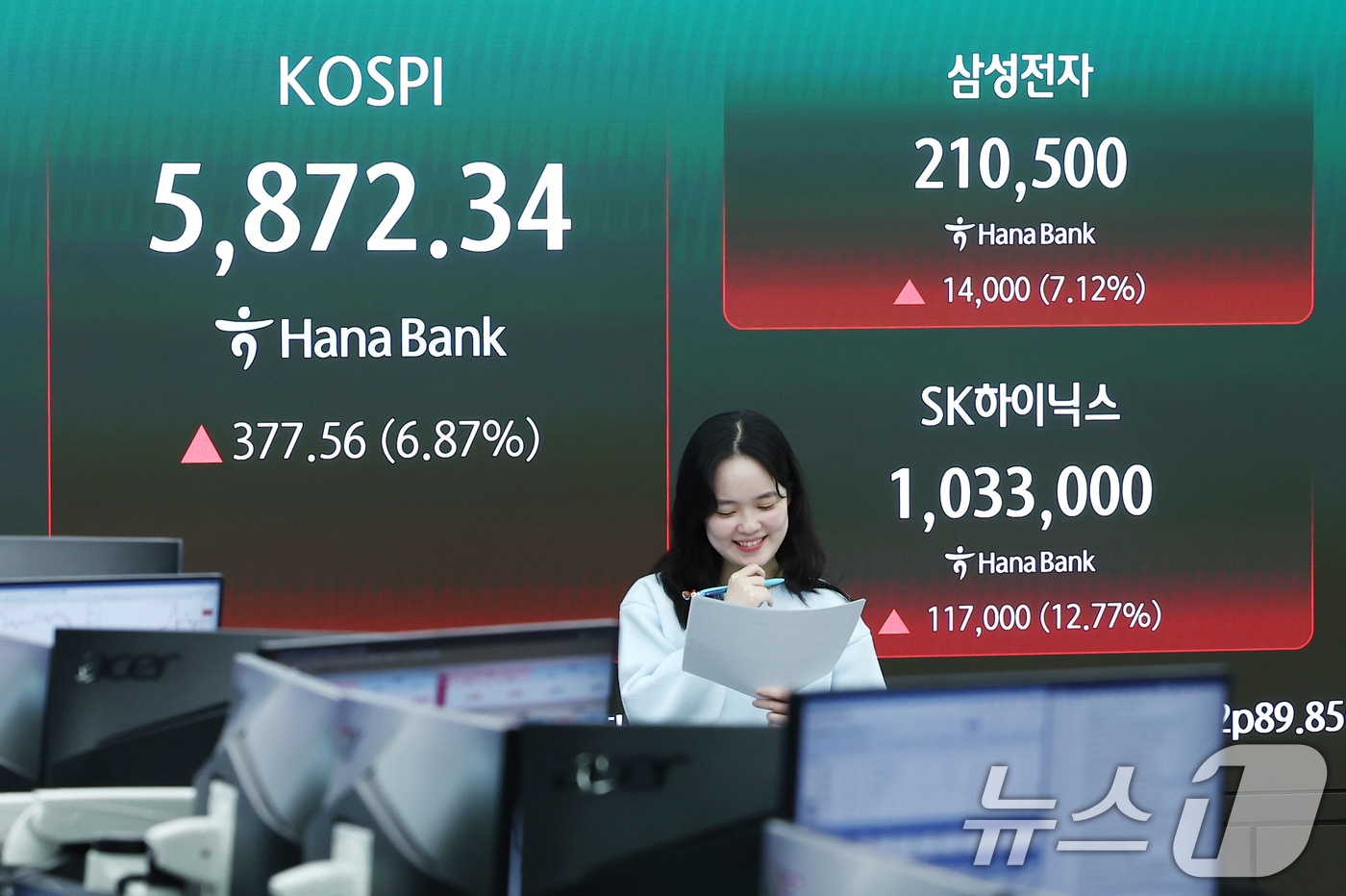 미국과 이란의 2주간 휴전 소식에 코스피가 상승 마감한 8일 오후 서울 중구 하나은행 본점 딜링룸 전광판에 종가가 나오고 있다.2026.4.8 ⓒ 뉴스1 김민지 기자