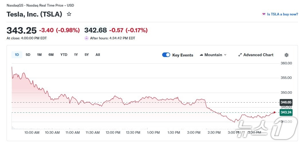 테슬라 일일 주가 추이 - 야후 파이낸스 갈무리