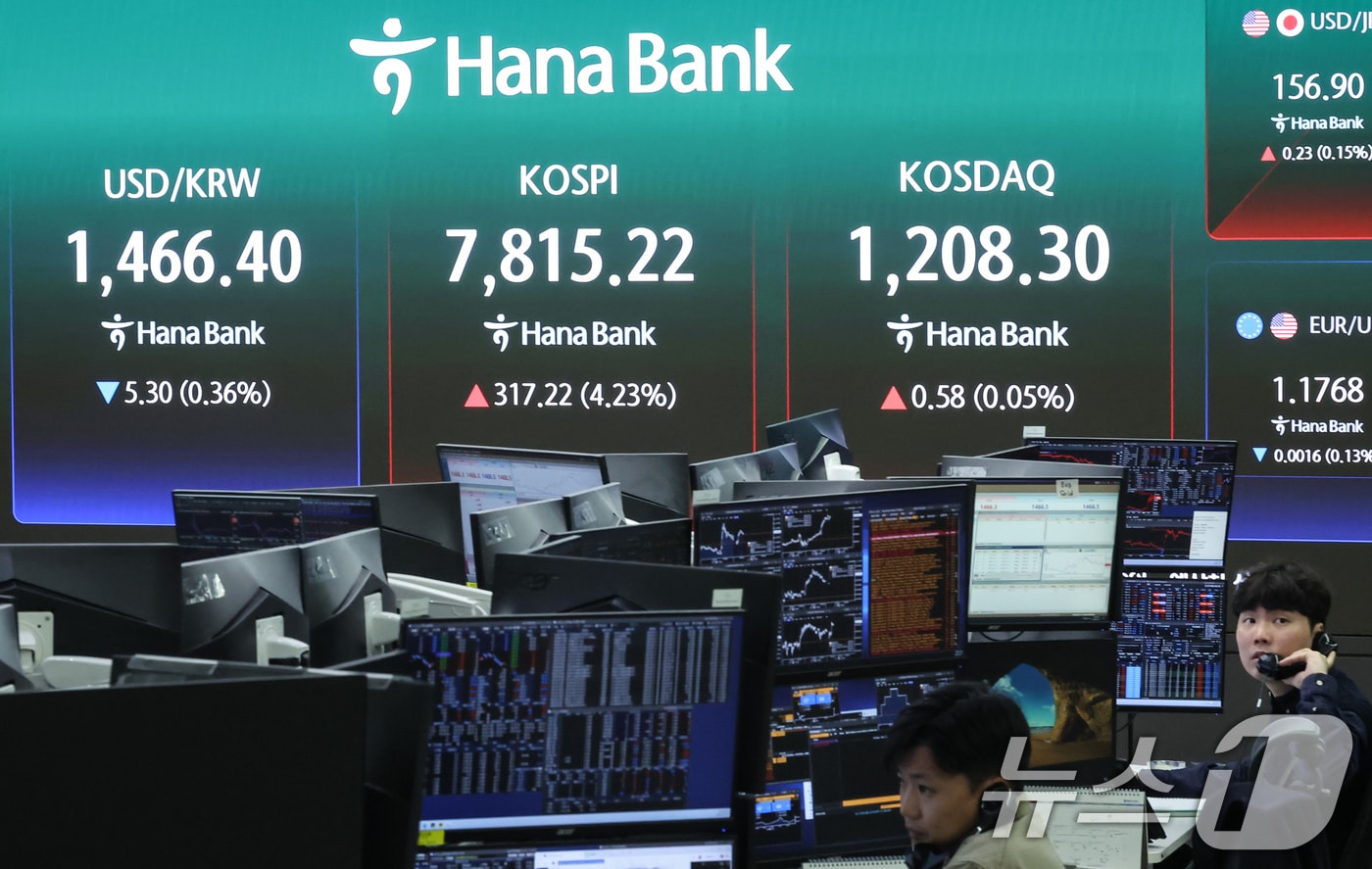 코스피가 개장 직후 7800선을 넘어 사상 최고치를 기록한 11일 오전 서울 중구 하나은행 본점 딜링룸 전광판에 코스피 지수 등이 표시되고 있다. 2026.5.11 ⓒ 뉴스1 임지훈 인턴기자
