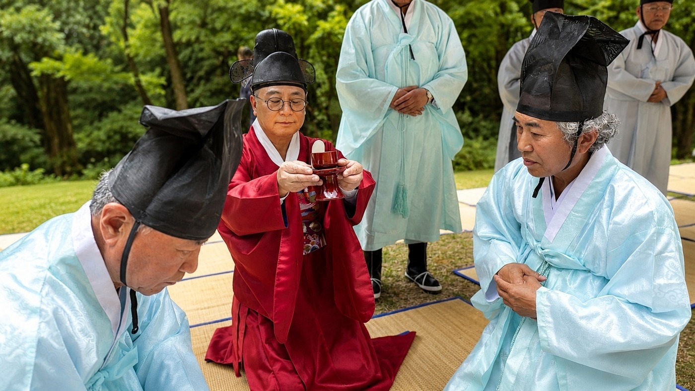초헌관 유지범 성균관대학교 총장이 술을 올리고 있다