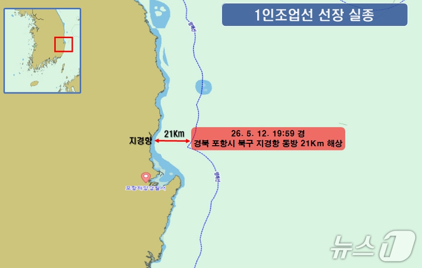 12일 오후 7시59분쯤 경북 포항시 북구 기경항 동방 21km 해상에서 조업 중이던 A호(3톤)에 타고 있던 60대 선장이 실종돼 해경이 수색 작업에 나섰다. 사진은 실종 사고 위치도. (포항해양경찰서제공, 재판매 및 DB금지) 2026.5.13/뉴스1 
