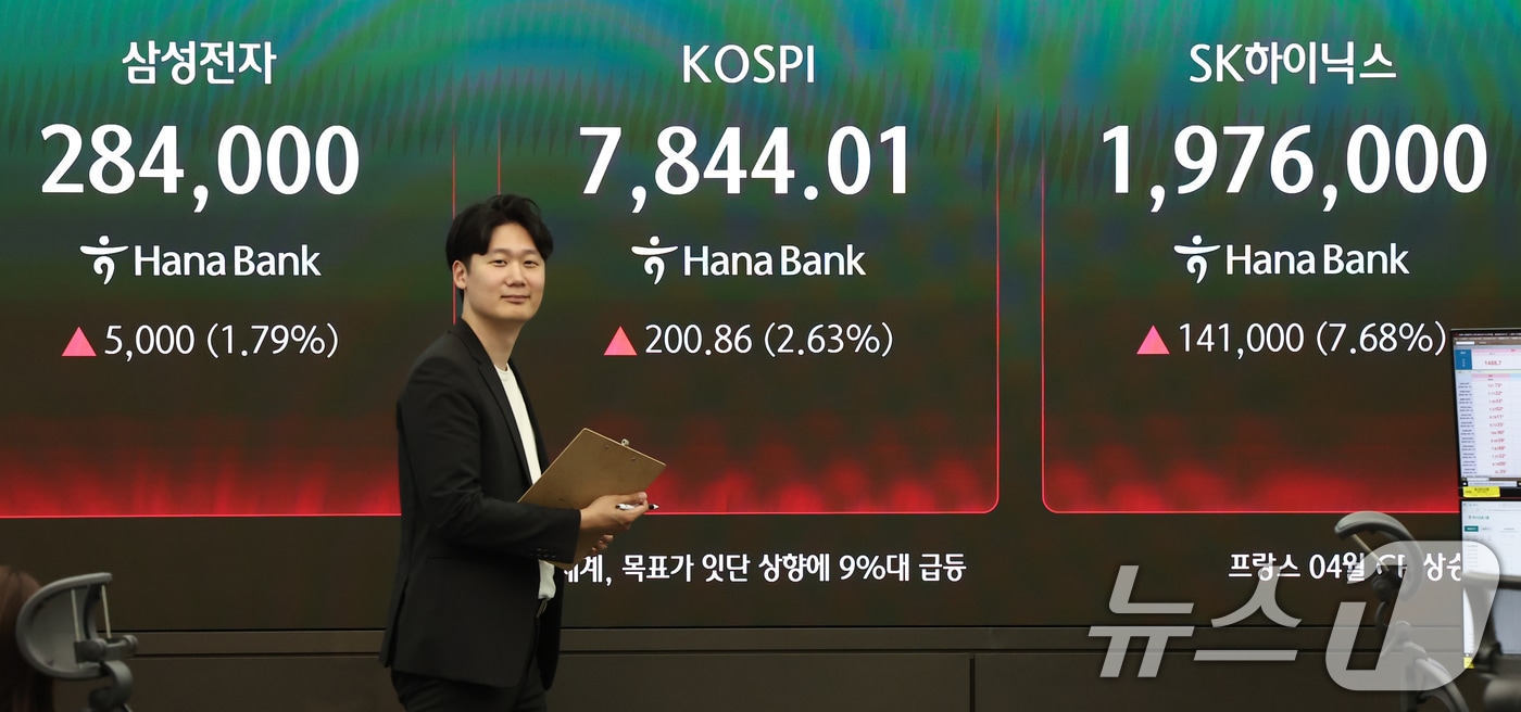 13일 오후 서울 중구 하나은행 본점 딜링룸 전광판에 코스피 지수, 삼성전자, SK하이닉스 종가가 표시되고 있다. 2026.5.13 ⓒ 뉴스1 김도우 기자