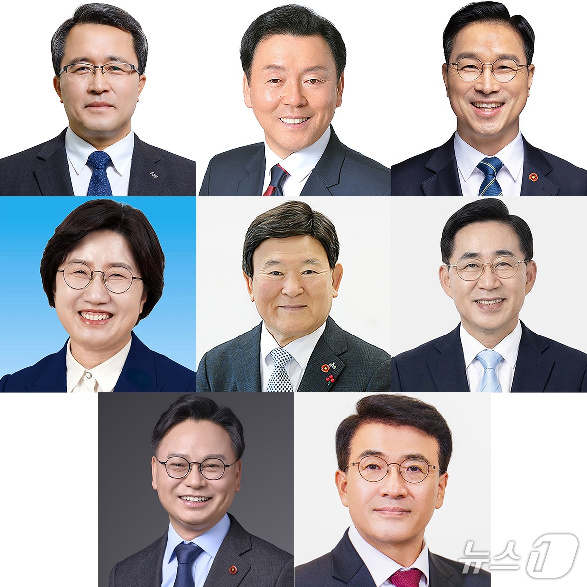 (이름순·첫째 줄 왼쪽부터) 제주도지사 선거에 출마한 국민의힘 문성유 후보, 무소속 양윤녕 후보, 더불어민주당 위성곤 후보, (둘째 줄 왼쪽부터) 제주도교육감 선거에 출마한 고의숙 후보와 현역인 김광수 후보, 송문석 후보, (셋째 줄 왼쪽부터) 서귀포시 국회의원 보궐선거에 출마한 국민의힘 고기철 후보, 더불어민주당 김성범 후보.