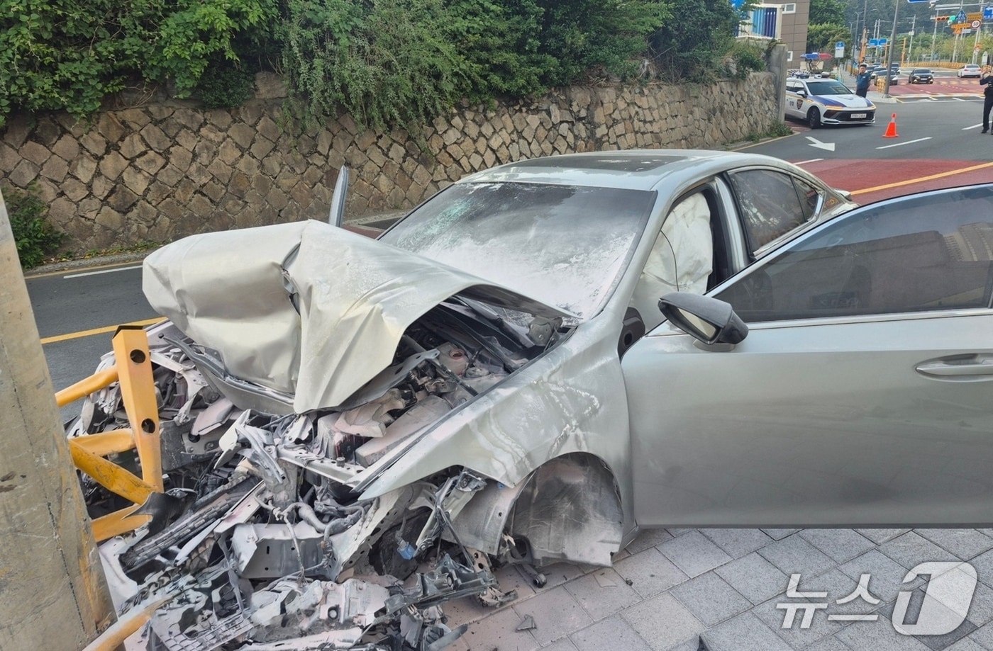 전신주 및 가드레일에 부딪힌 A 씨의 차량 모습 (경찰 제공. 재판매 및 DB금지)