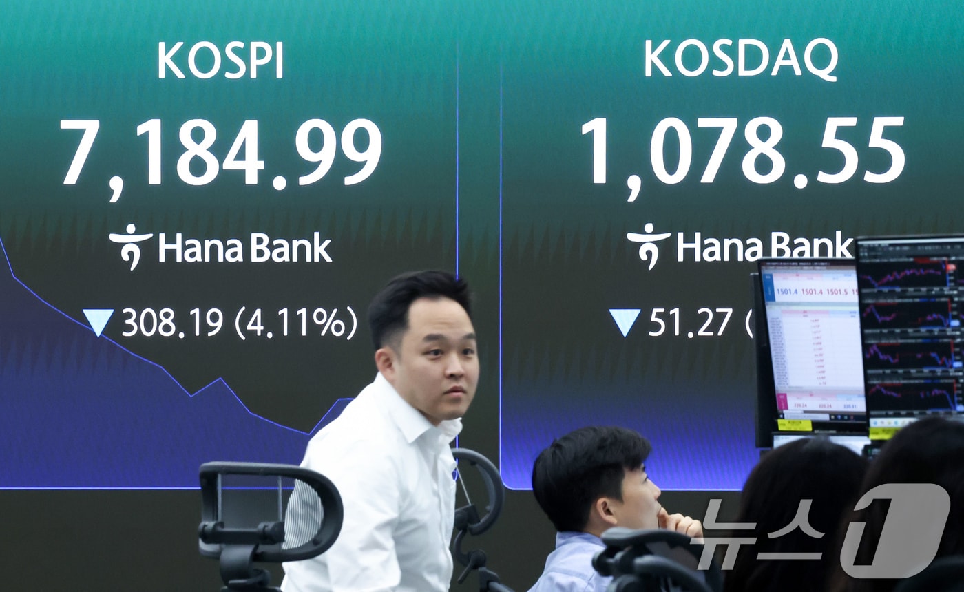 코스피가 장중 4%대 급락해 매도 사이드카가 발동한 18일 오전 서울 중구 하나은행 본점 딜링룸 전광판에 코스피 지수 등이 표시되고 있다. 2026.5.18 ⓒ 뉴스1 임지훈 인턴기자