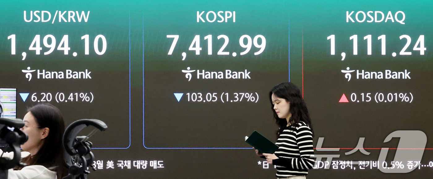 코스피 지수가 연일 하락세를 보인 19일 오전 서울 중구 하나은행 딜링룸 전광판에 시황이 표시되고 있다. 2026.5.19 ⓒ 뉴스1 조연우 인턴기자