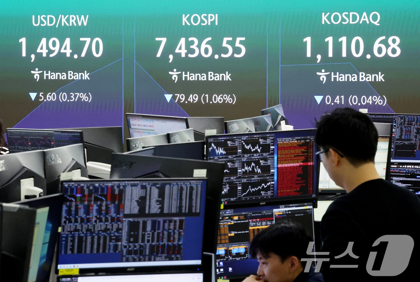 코스피 지수가 하락세를 보인 19일 오전 서울 중구 하나은행 딜링룸 전광판에 시황이 표시되고 있다. 2026.5.19 ⓒ 뉴스1 조연우 인턴기자