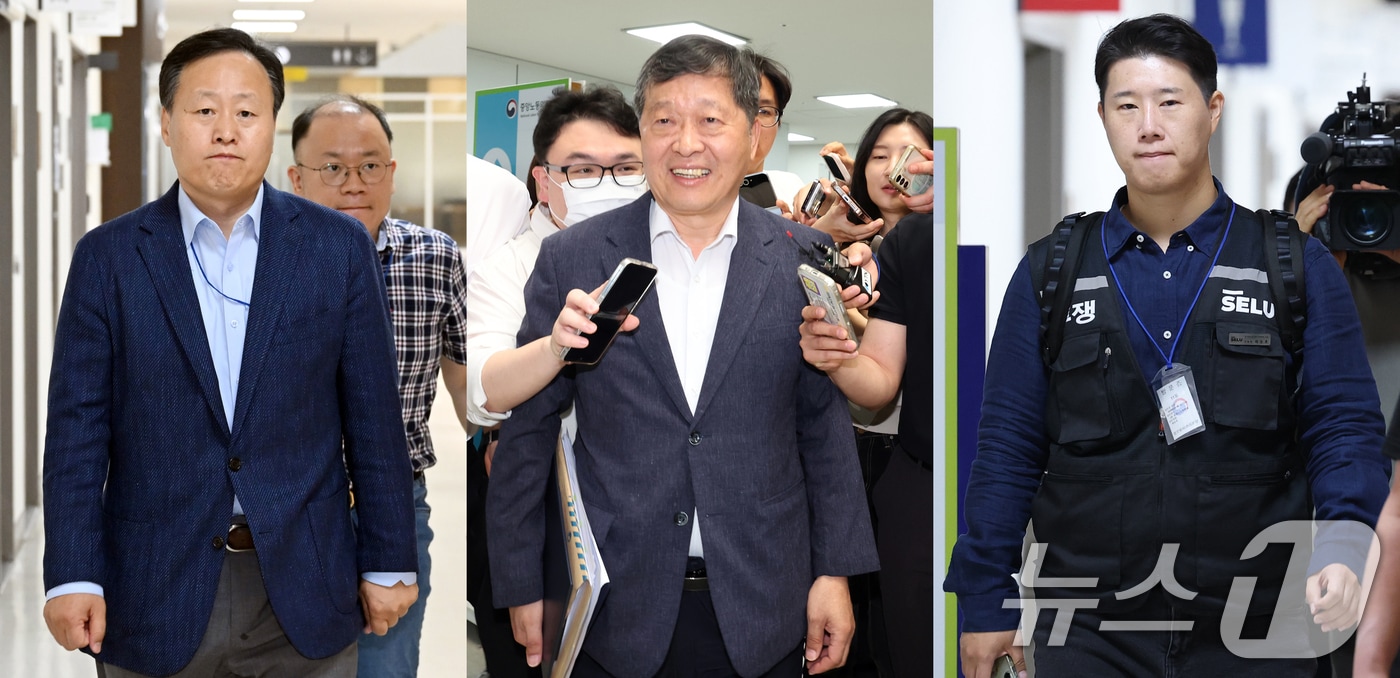 삼성전자 사측 대표교섭위원인 여명구 DS(반도체 부문) 피플팀장(왼쪽부터), 박수근 중앙노동위원장, 최승호 삼성그룹 초기업노동조합 삼성전자지부 위원장이 총파업 예고 시한을 이틀 앞둔 19일 정부세종청사 중앙노동위원회에서 열린 2차 사후조정 최종회의에 참석하고 있다. (공동취재) 2026.5.19 ⓒ 뉴스1 오대일 기자