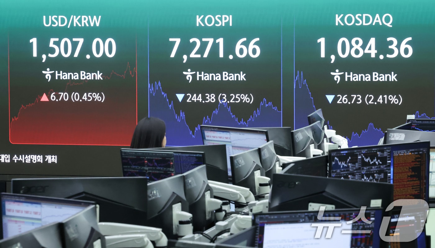 코스피가 3%대 하락 마감한 19일 오후 서울 중구 하나은행 본점 딜링룸 전광판에 코스피 종가 등이 표시되고 있다. 2026.5.19 ⓒ 뉴스1 임지훈 인턴기자