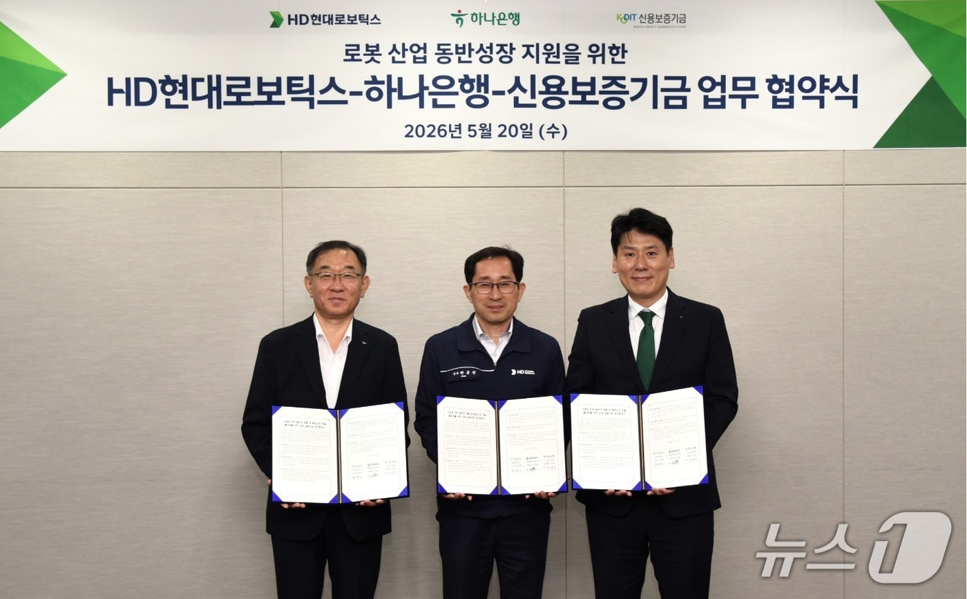 HD현대로보틱스가 하나은행, 신용보증기금과 '차세대 로봇 설루션 개발 및 해외시장 진출 활성화를 위한 상생 금융지원 업무협약'을 체결한 모습(HD현대 제공)