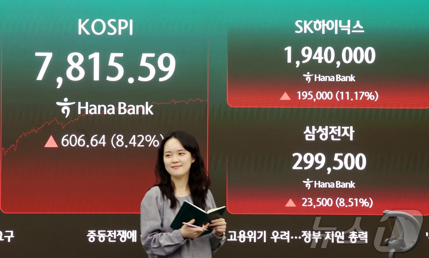 21일 오후 서울 중구 하나은행 딜링룸 전광판에 코스피 종가와 삼성전자·SK하이닉스 주가가 표시돼있다. 2026.5.21 ⓒ 뉴스1 김진환 기자