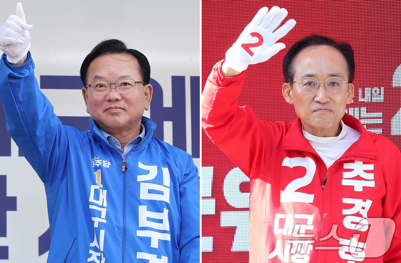 6·3 지방선거 공식 선거운동 이틀째인 22일 오전 김부겸 더불어민주당 대구시장 후보(왼쪽)가 대구 중구 반월당사거리에서 출근길 시민들을 향해 인사하고 있다. 추경호 국민의힘 대구시장 후보는 이날 오전 수성구 범어네거리에서 출근길 아침 인사를 하고 있다. 두 후보자의 아침 인사 위치가 전날 오전과 정반대로 바뀐 상황이다. 2026.5.22 ⓒ 뉴스1 공정식 기자
