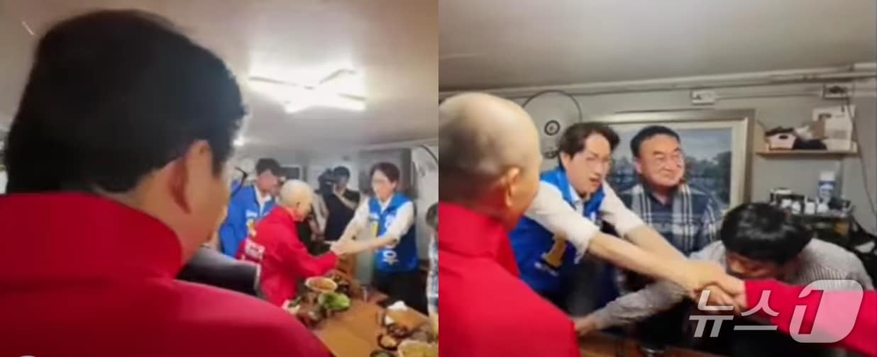 22일 부산 만덕시장에서 마주친 부산북구갑 국민의힘 박민식 후보와 더불어민주당 하정우 후보가 인사를 나누고 있다. 박 후보 지원에 나선 신동욱 국민의힘 최고위원(왼쪽 사진 뒷 모습·오른쪽 사진 손)은 하 후보에게 악수를 청하면서 '화이팅 신동욱입니다'라고 인사했다. (SNS 갈무리) ⓒ 뉴스1   