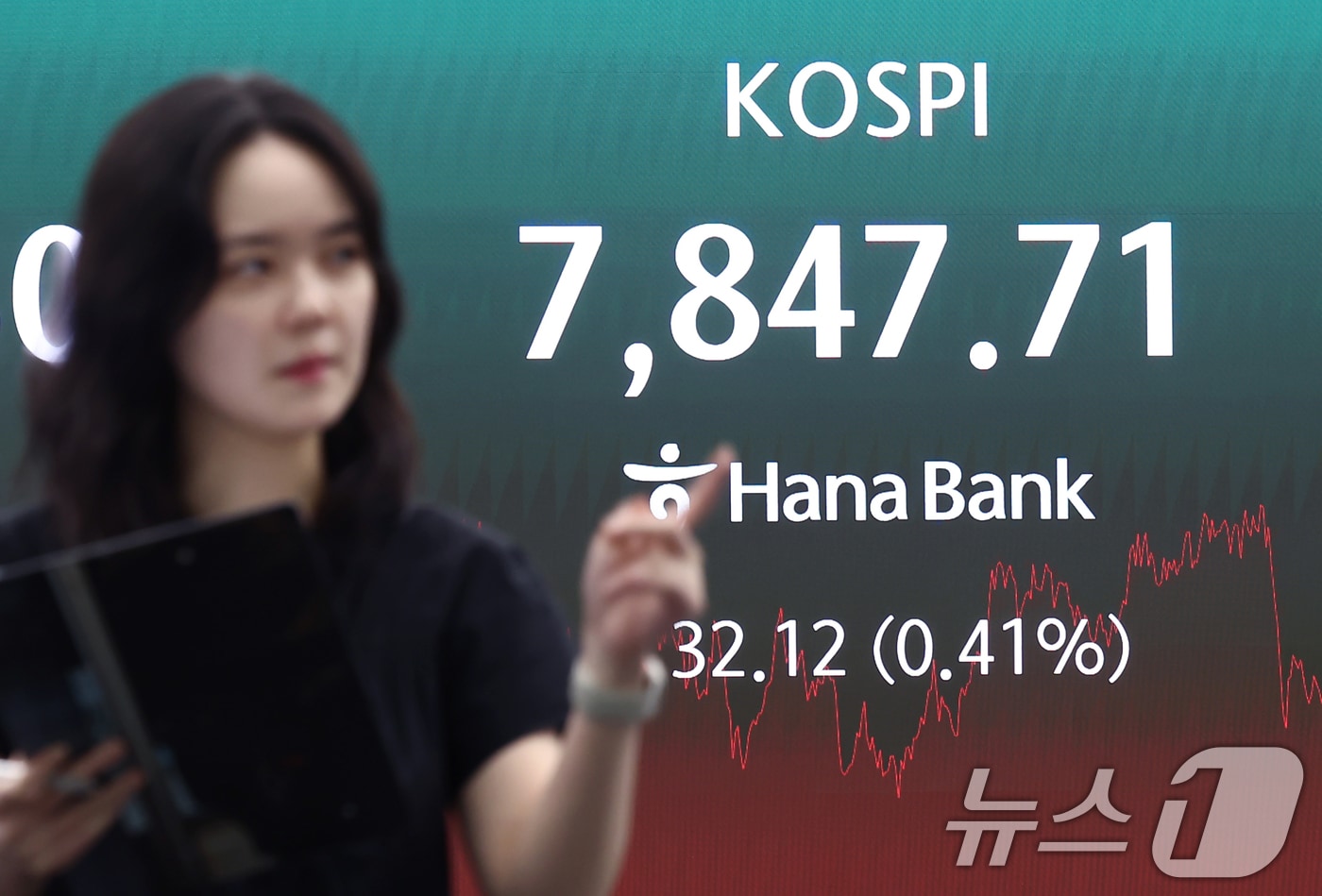 22일 오후 서울 중구 하나은행 본점 딜링룸 전광판에 코스피 종가가 나오고 있다. 2026.5.22 ⓒ 뉴스1 김민지 기자