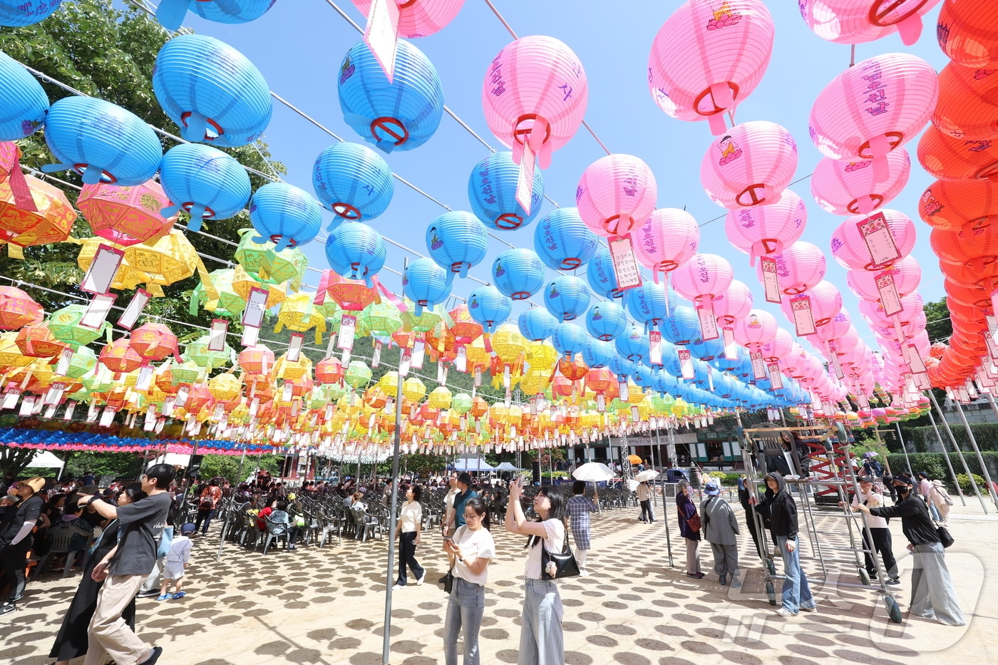 24일 전북 김제시 금산사에서 열린 불기 2570년 부처님오신날 봉축법요식을 찾은 불자들이 소원지가 달린 연등을 바라보고 있다. 2026.5.24 ⓒ 뉴스1 유경석 기자