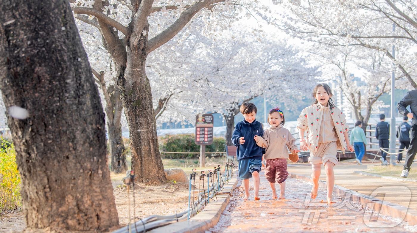 구미 지산샛강 생태공원 맨발 산책길에서 어린이들이 맨발로 걷고 있다. (구미시 제공. 재판매 및 DB금지) ⓒ 뉴스1 정우용 기자