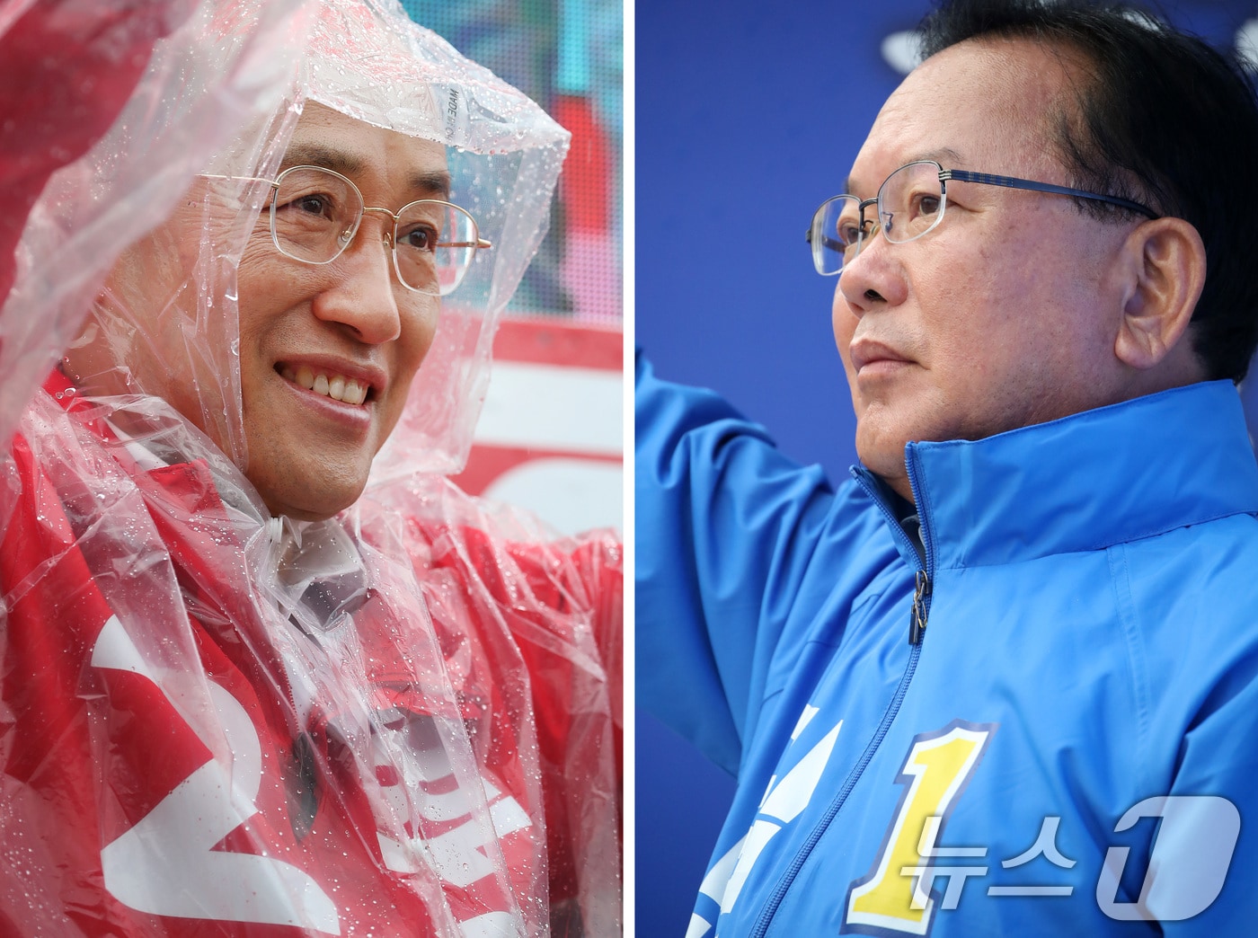 추경호 국민의힘 대구시장 후보(왼쪽)가 27일 오전 대구 북구 팔달교 앞에서 출근길 시민들을 향해 인사하고 있다. 같은 날 오전 김부겸 더불어민주당 대구시장 후보는 북구 태전네거리에서 아침 인사를 하고 있다. 2026.5.27 ⓒ 뉴스1 공정식 기자