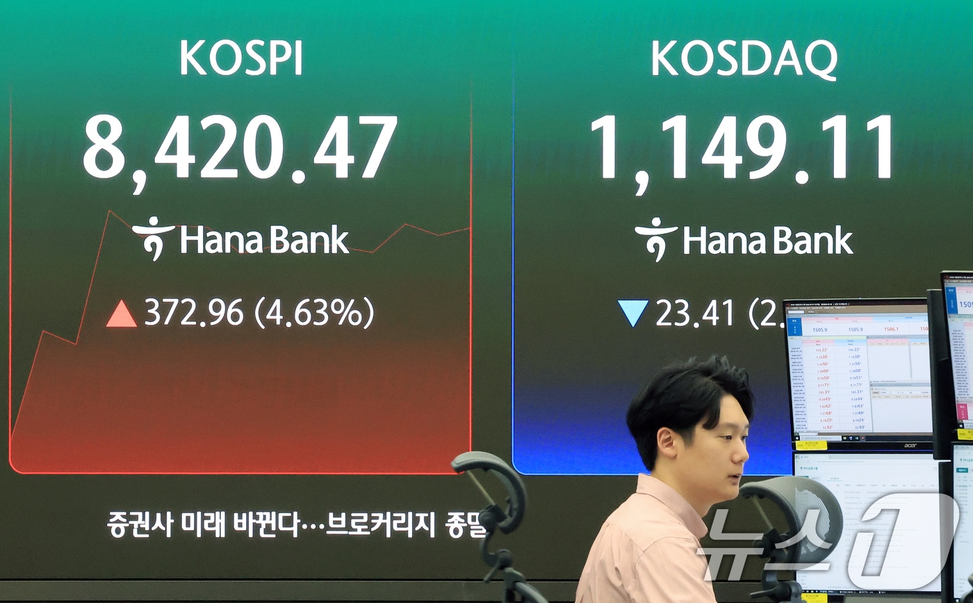 코스피가 장중 최초로 8400을 돌파한 27일 서울 중구 하나은행 딜링룸 현황판에 코스피가 표시되고 있다. 2026.5.27 ⓒ 뉴스1 이호윤 기자